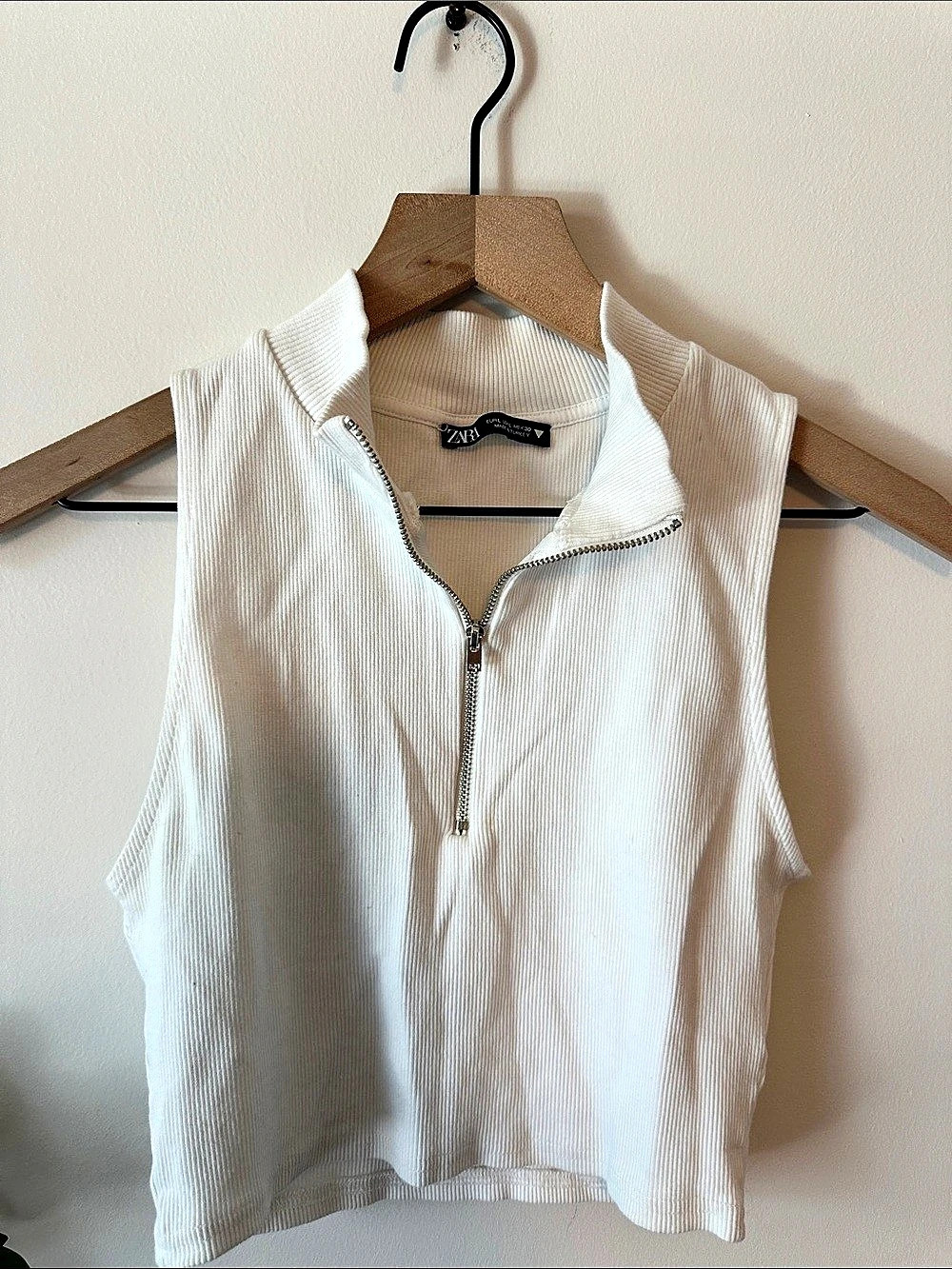Zara Ribbed Mock Neck Zip Front Crop Top in White